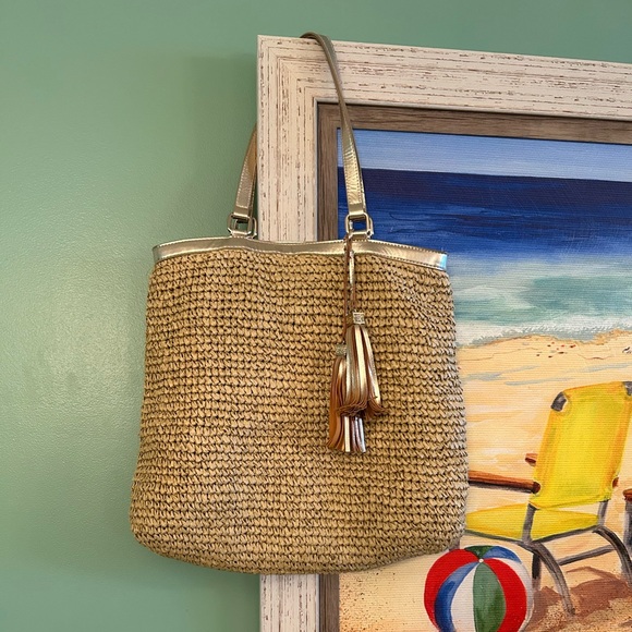 White House Black Market Stylish Gold and Tan Woven Women's Tote Bag - Picture 1 of 13